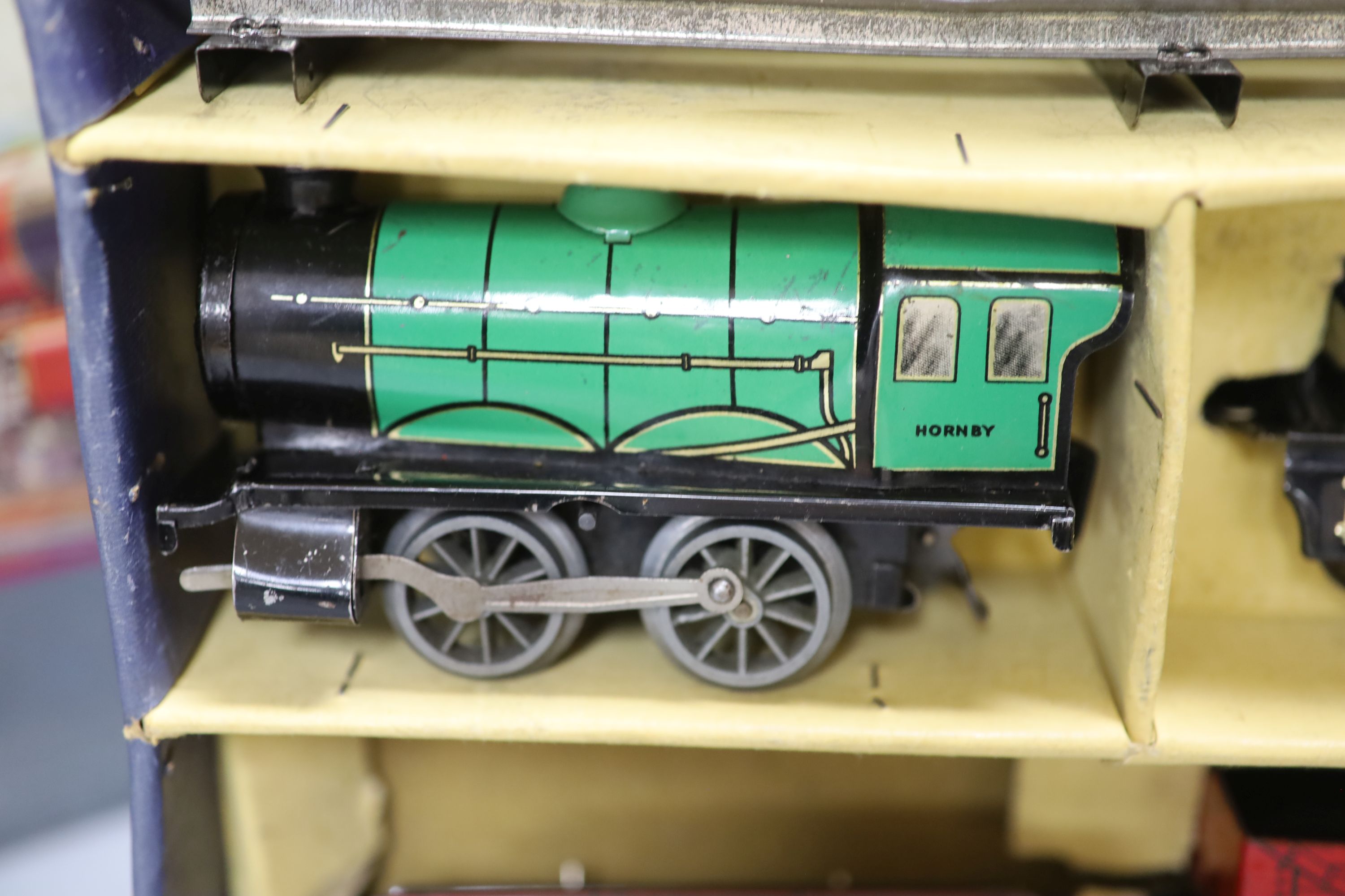 A boxed Hornby MO Goods tinplate train set, post war